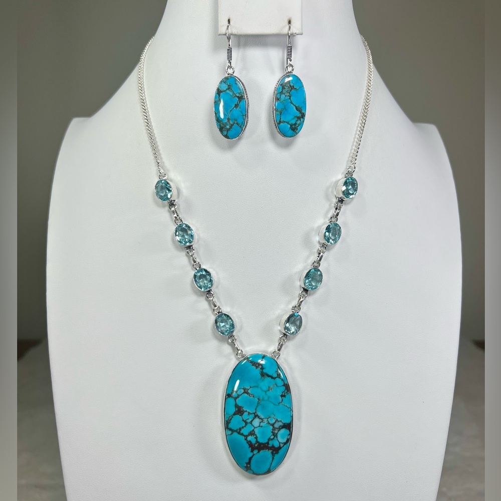 Exquisite Turquoise 925 Large Stone Gemstone Necklace & Earrings